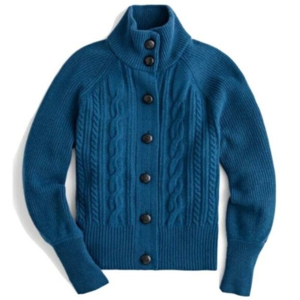 J.Crew S Teal Cardigan Cable Knit Faux Leather Buttons Lambs Wool